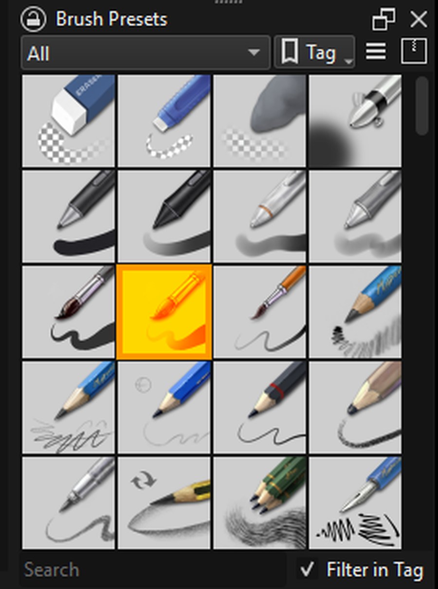 The brush presets panel with dozens of tuned brushes