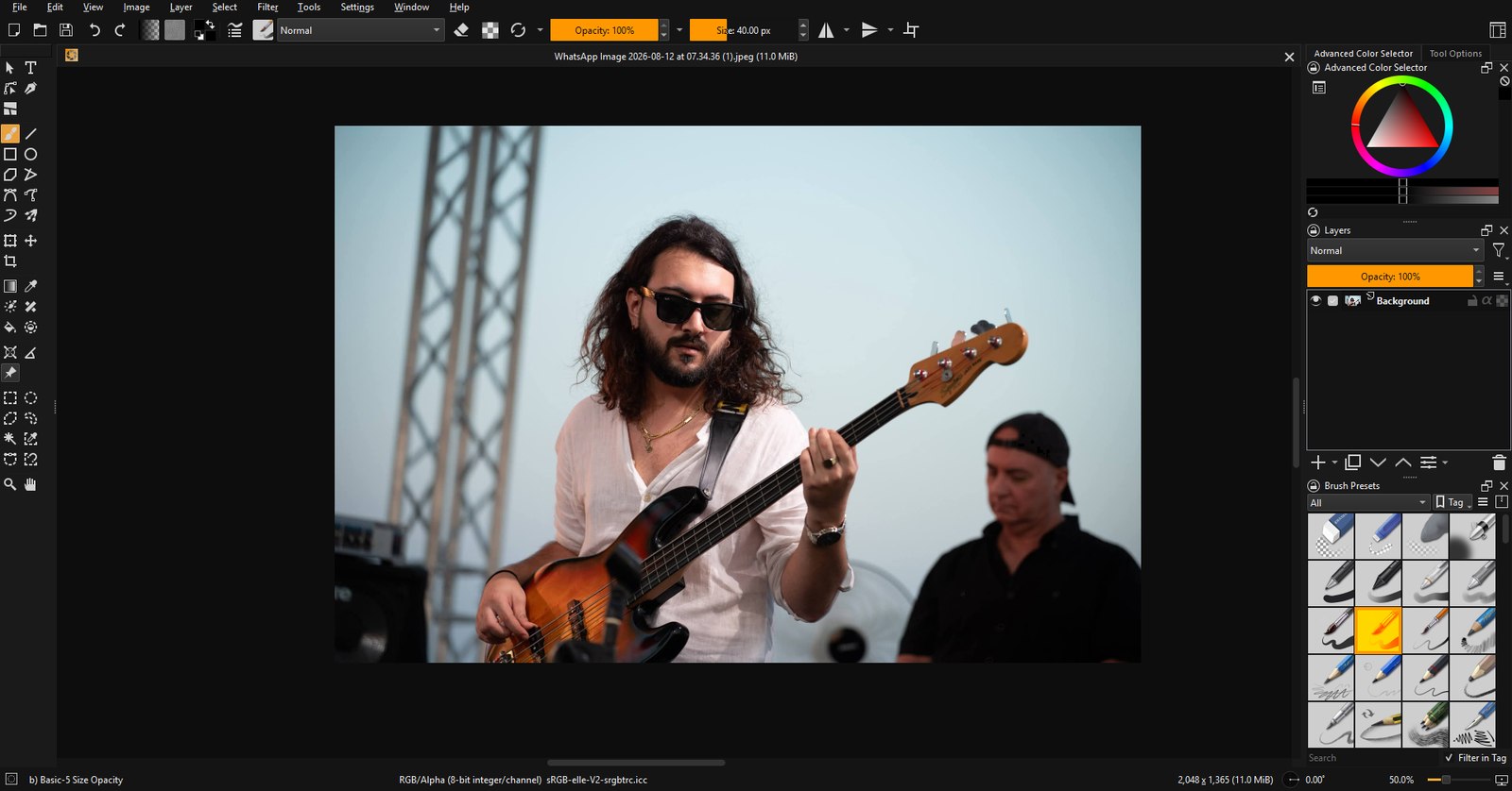imagic studio editing a concert photo: layers, brush presets and the advanced color selector in the dark imagic interface